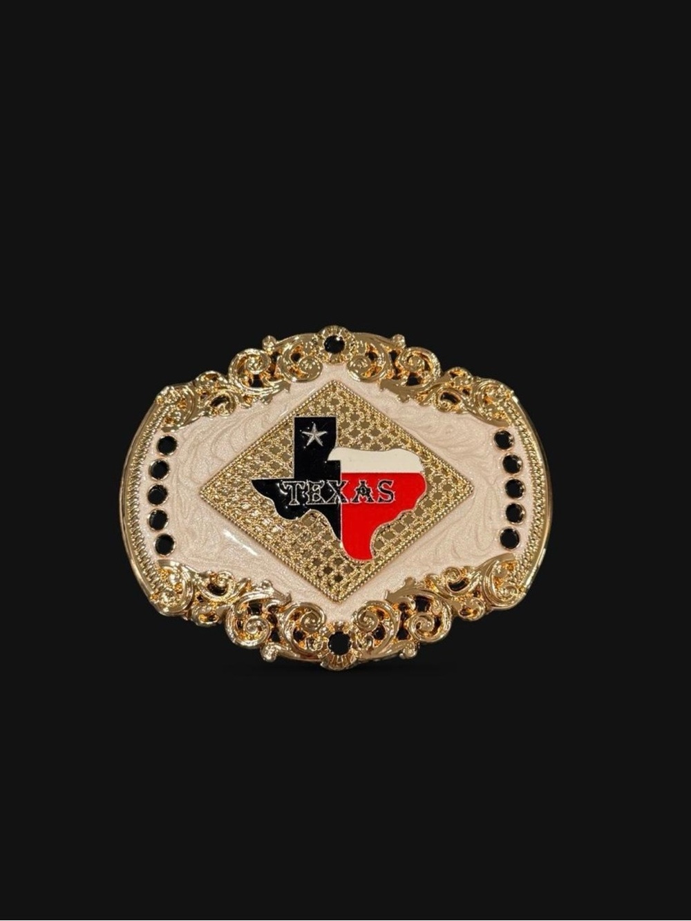 Gold Texas State Western Belt Buckle - Red, Black & White Accent
